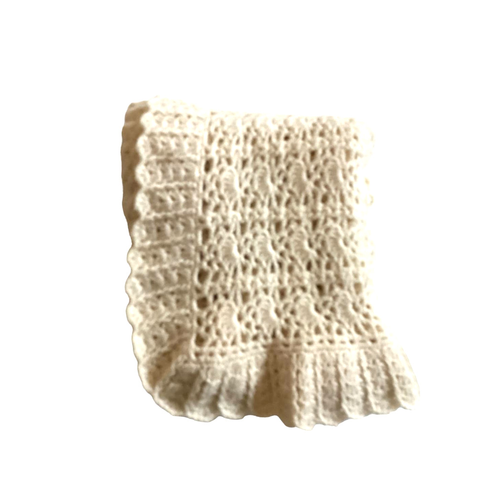Hand Crocheted Cream Baby/Throw Blanket with Ruffled Edge 60" X 46"